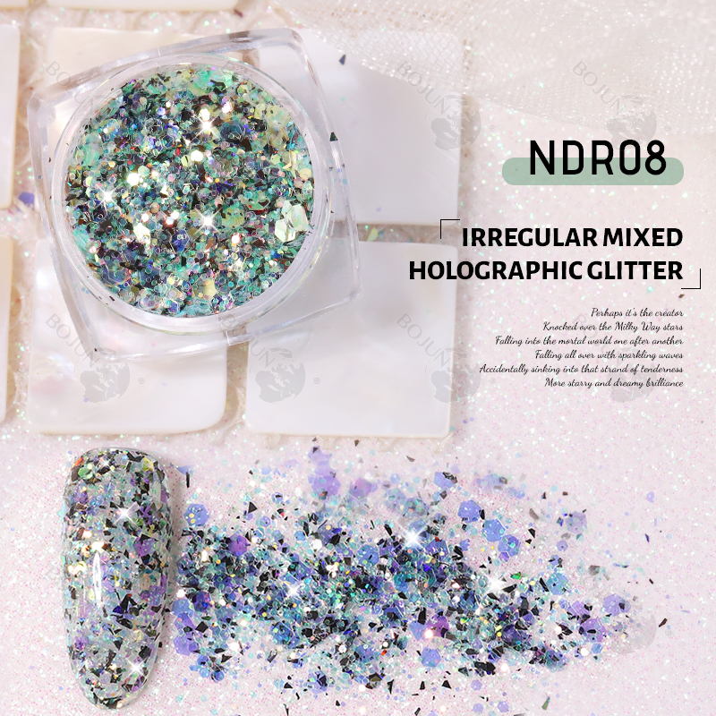 BOJUN NDR08 | Irregular Mixed Holographic Solvent Resistant Glitter Powder(MOQ:1kg/color)